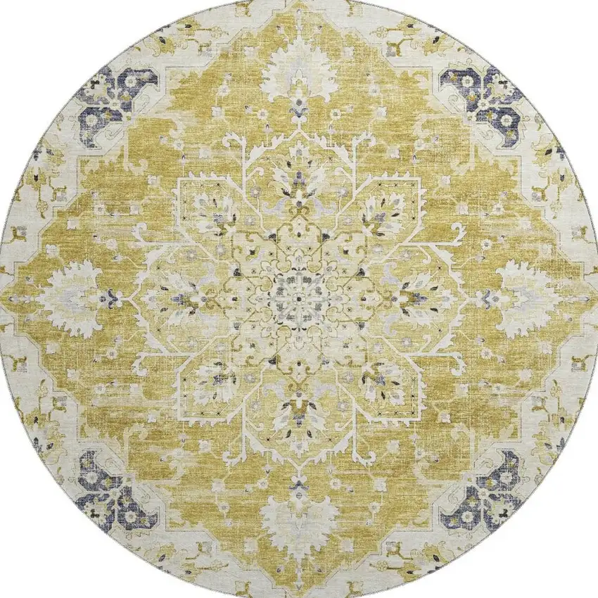 8' Gold Ivory And Blue Floral Medallion Washable Round Rug With UV Protection Photo 4