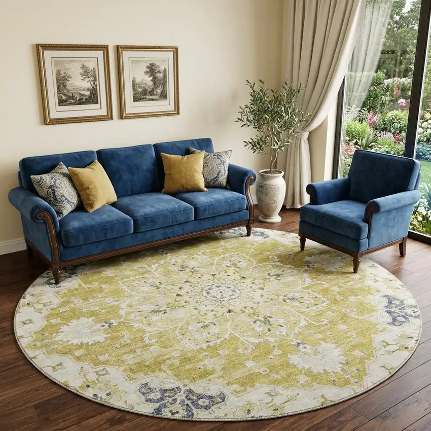 8' Gold Ivory And Blue Floral Medallion Distressed Washable Round Rug With UV Protection Photo 1