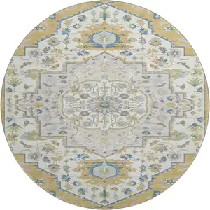 Photo of 8' Gold Ivory And Blue Oriental Washable Round Rug With UV Protection
