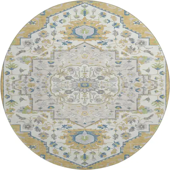 8' Gold Ivory And Blue Oriental Washable Round Rug With UV Protection Photo 1