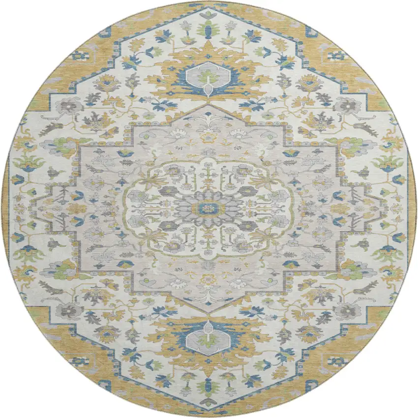 8' Gold Ivory And Blue Oriental Washable Round Rug With UV Protection Photo 1