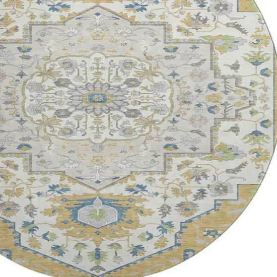 8' Gold Ivory And Blue Oriental Washable Round Rug With UV Protection Photo 2