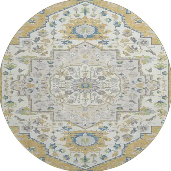 8' Gold Ivory And Blue Oriental Washable Round Rug With UV Protection Photo 3