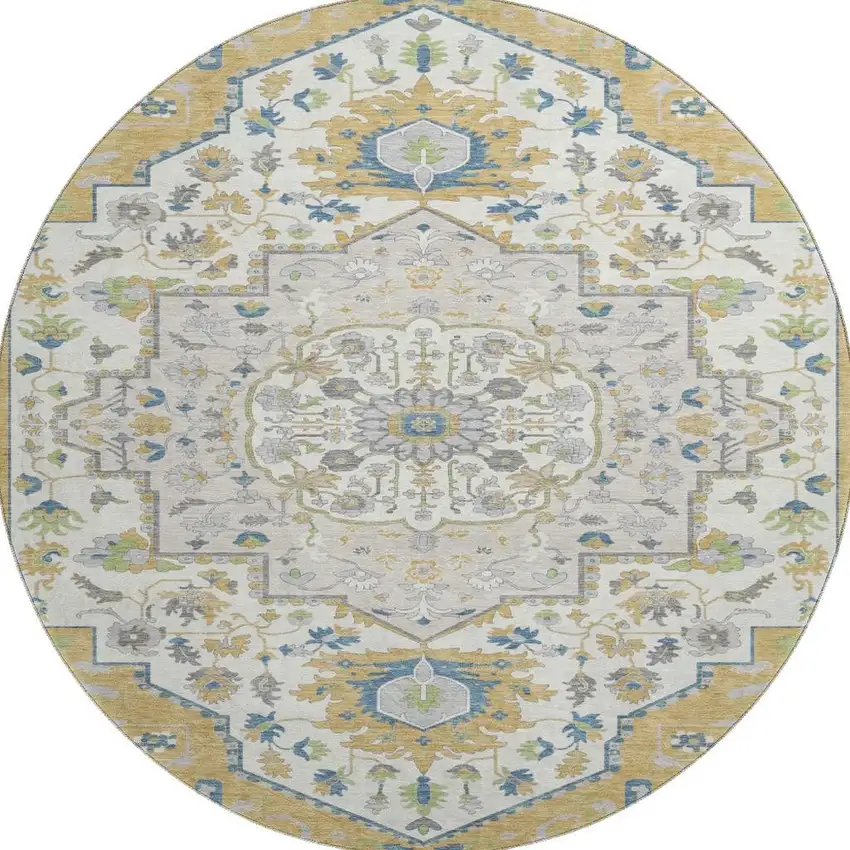 8' Gold Ivory And Blue Oriental Washable Round Rug With UV Protection Photo 3