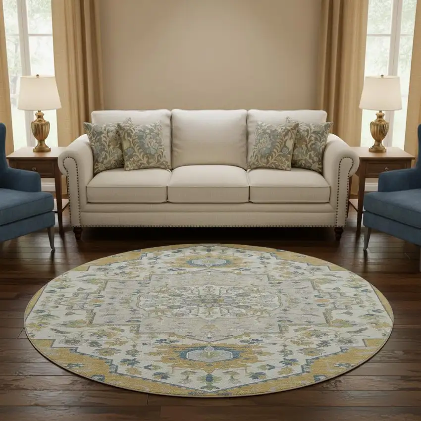 8' Gold Ivory And Blue Oriental Washable Round Rug With UV Protection Photo 2