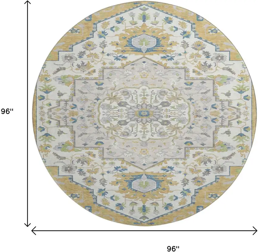 8' Gold Ivory And Blue Oriental Washable Round Rug With UV Protection Photo 9