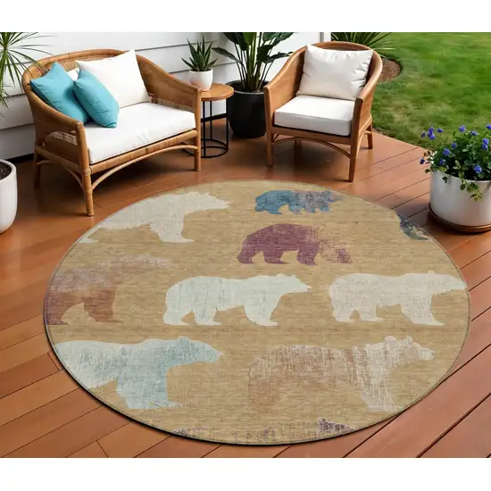 8' Gold Ivory And Blue Round Animal Print Washable Indoor Outdoor Area Rug Photo 1