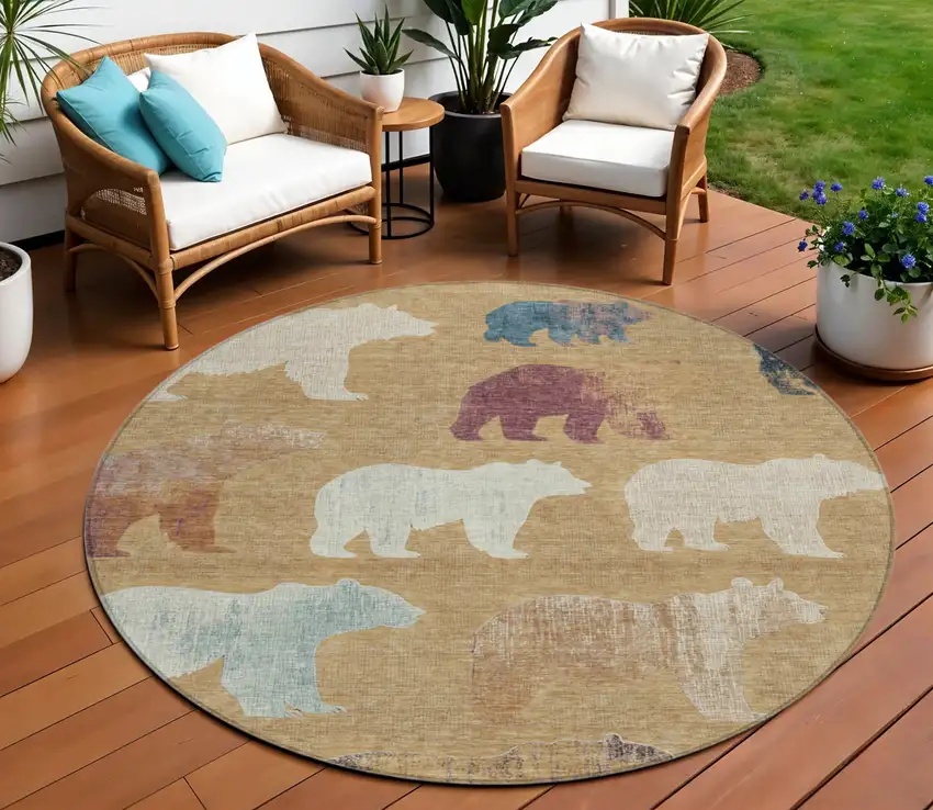 8' Gold Ivory And Blue Round Animal Print Washable Indoor Outdoor Area Rug Photo 1