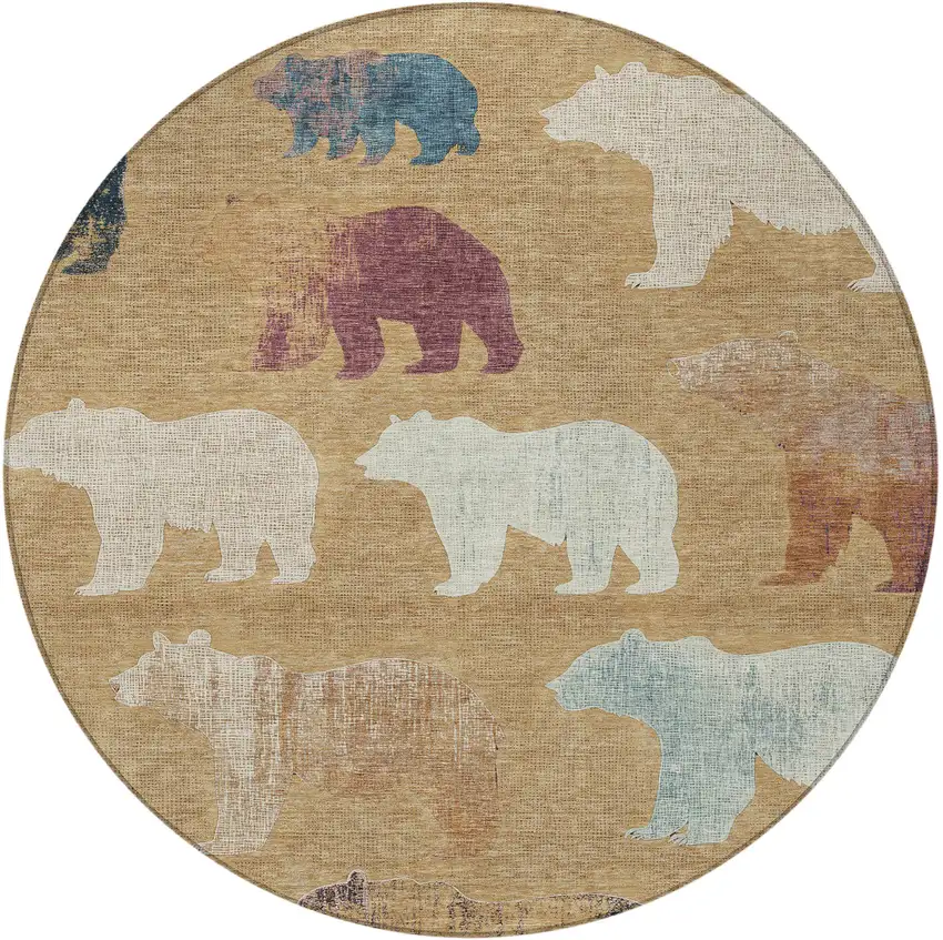8' Gold Ivory And Blue Round Animal Print Washable Indoor Outdoor Area Rug Photo 5
