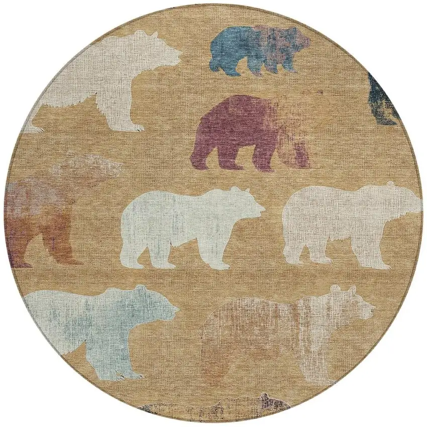 8' Gold Ivory And Blue Round Animal Print Washable Indoor Outdoor Area Rug Photo 4