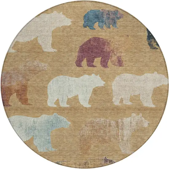 8' Gold Ivory And Blue Round Animal Print Washable Indoor Outdoor Area Rug Photo 2