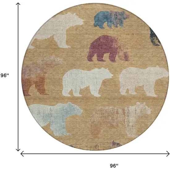 8' Gold Ivory And Blue Round Animal Print Washable Indoor Outdoor Area Rug Photo 3