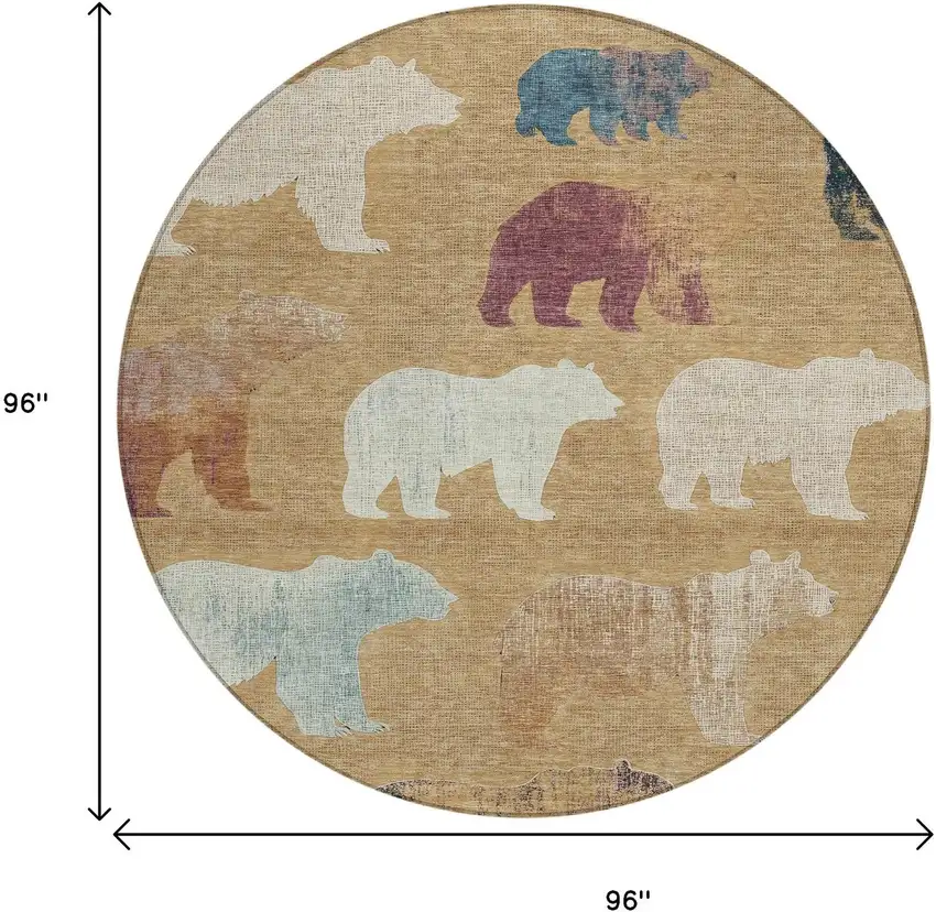 8' Gold Ivory And Blue Round Animal Print Washable Indoor Outdoor Area Rug Photo 3