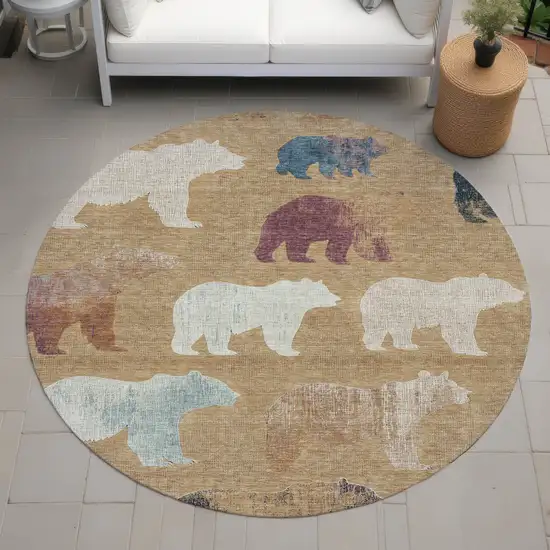 8' Gold Ivory And Blue Round Animal Print Washable Indoor Outdoor Area Rug Photo 8