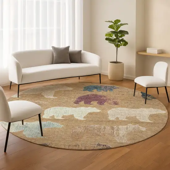 8' Gold Ivory And Blue Round Animal Print Washable Indoor Outdoor Area Rug Photo 9