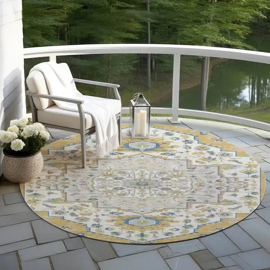 8' Gold Ivory And Blue Round Oriental Washable Indoor Outdoor Area Rug Photo 6