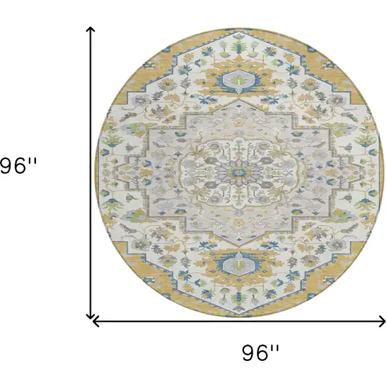 8' Gold Ivory And Blue Round Oriental Washable Indoor Outdoor Area Rug Photo 3
