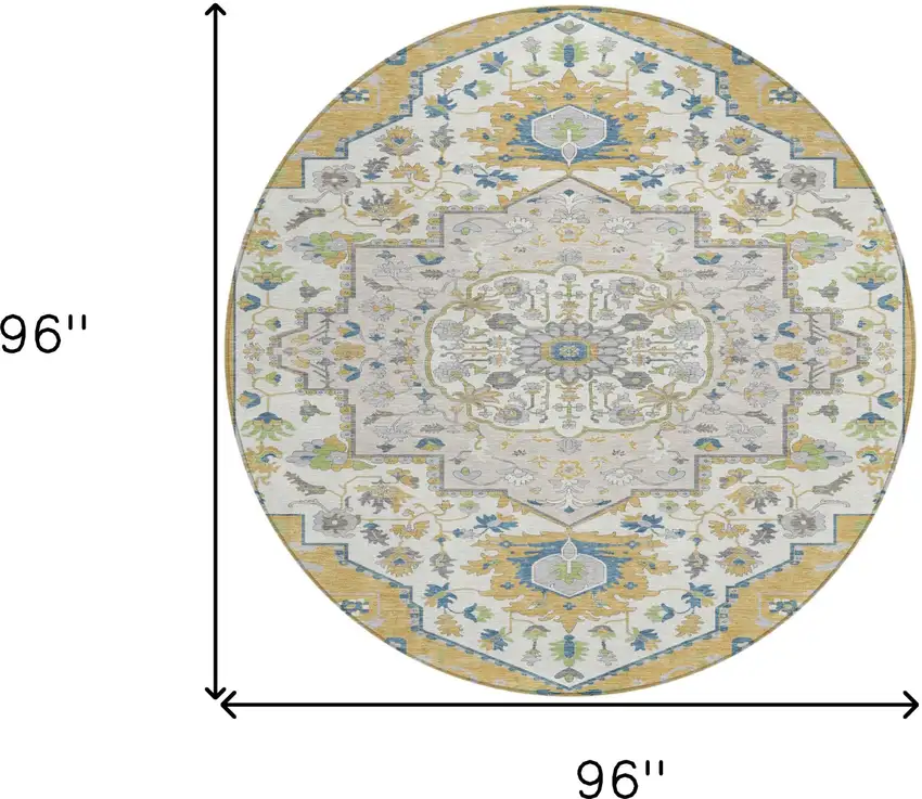 8' Gold Ivory And Blue Round Oriental Washable Indoor Outdoor Area Rug Photo 3