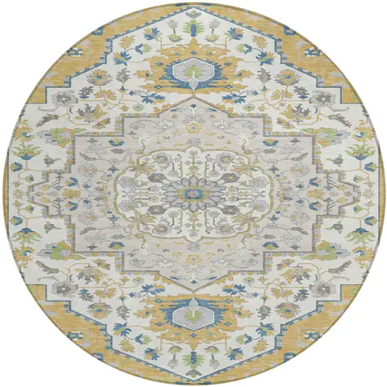 8' Gold Ivory And Blue Round Oriental Washable Indoor Outdoor Area Rug Photo 2