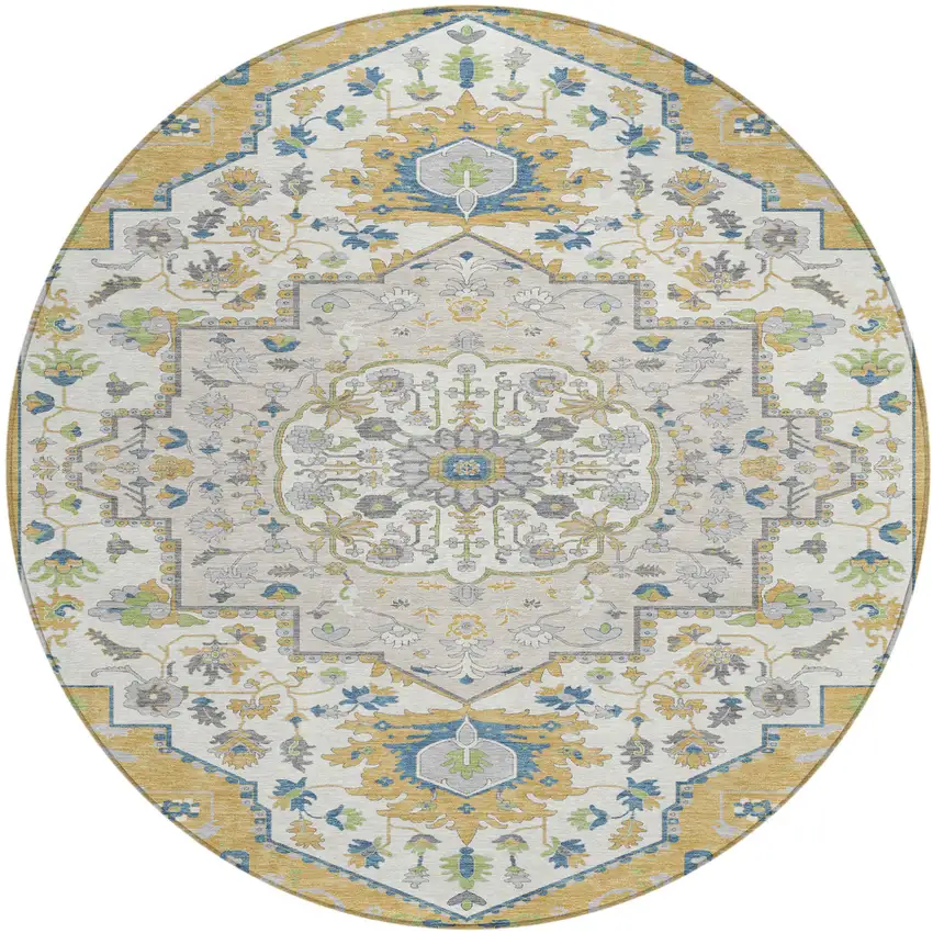 8' Gold Ivory And Blue Round Oriental Washable Indoor Outdoor Area Rug Photo 2