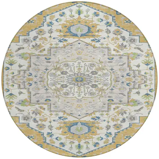8' Gold Ivory And Blue Round Oriental Washable Indoor Outdoor Area Rug Photo 5