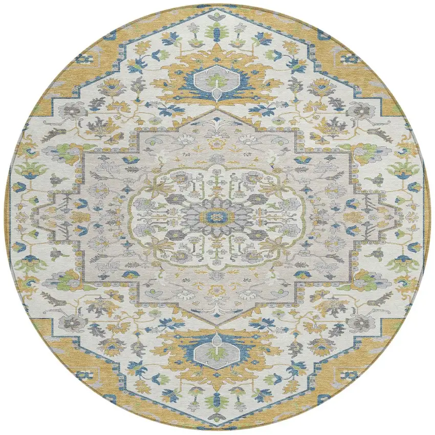 8' Gold Ivory And Blue Round Oriental Washable Indoor Outdoor Area Rug Photo 5