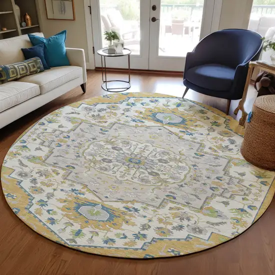 8' Gold Ivory And Blue Round Oriental Washable Indoor Outdoor Area Rug Photo 7
