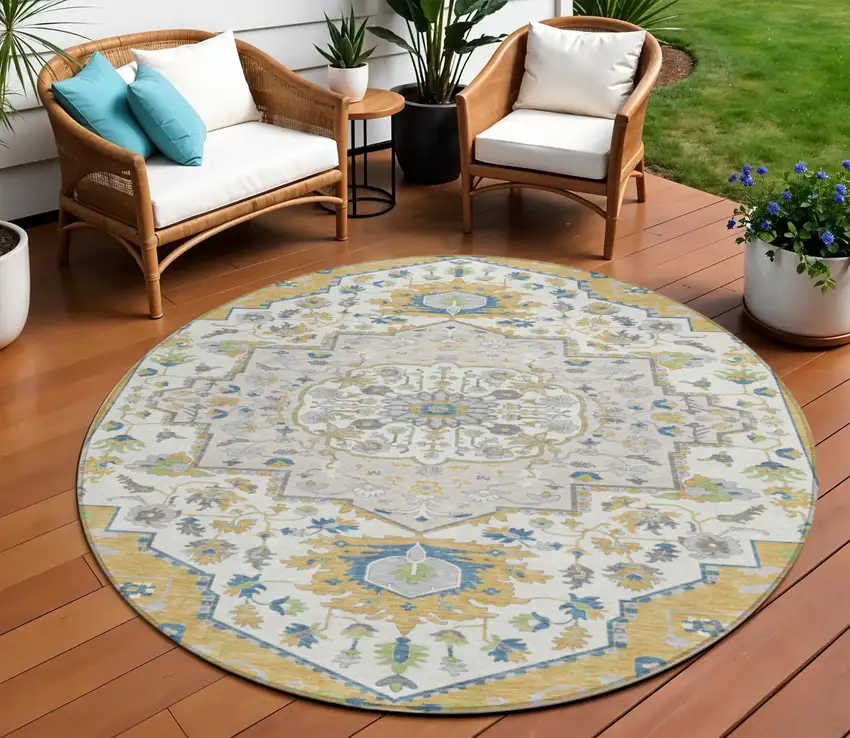 8' Gold Ivory And Blue Round Oriental Washable Indoor Outdoor Area Rug Photo 1