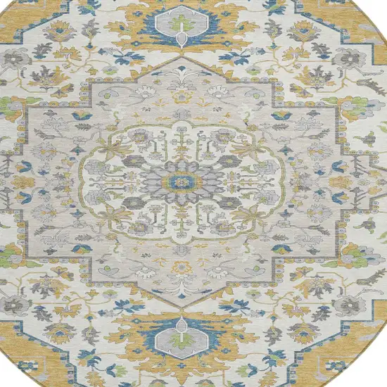 8' Gold Ivory And Blue Round Oriental Washable Indoor Outdoor Area Rug Photo 4