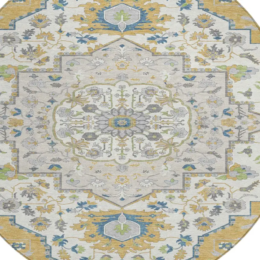 8' Gold Ivory And Blue Round Oriental Washable Indoor Outdoor Area Rug Photo 4