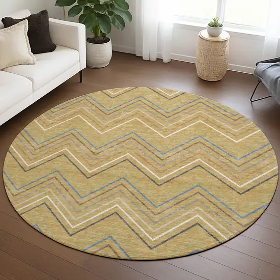 8' Gold Ivory And Blue Round Striped Washable Indoor Outdoor Area Rug Photo 4
