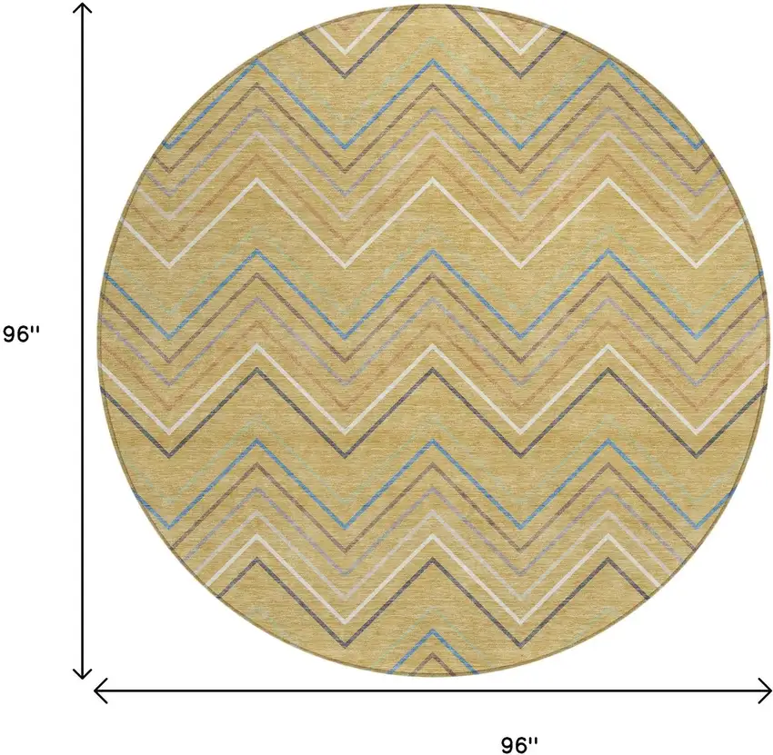 8' Gold Ivory And Blue Round Striped Washable Indoor Outdoor Area Rug Photo 9