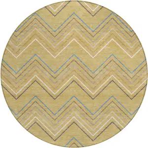 Photo of 8' Gold Ivory And Blue Round Striped Washable Indoor Outdoor Area Rug