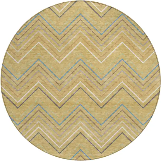 8' Gold Ivory And Blue Round Striped Washable Indoor Outdoor Area Rug Photo 1