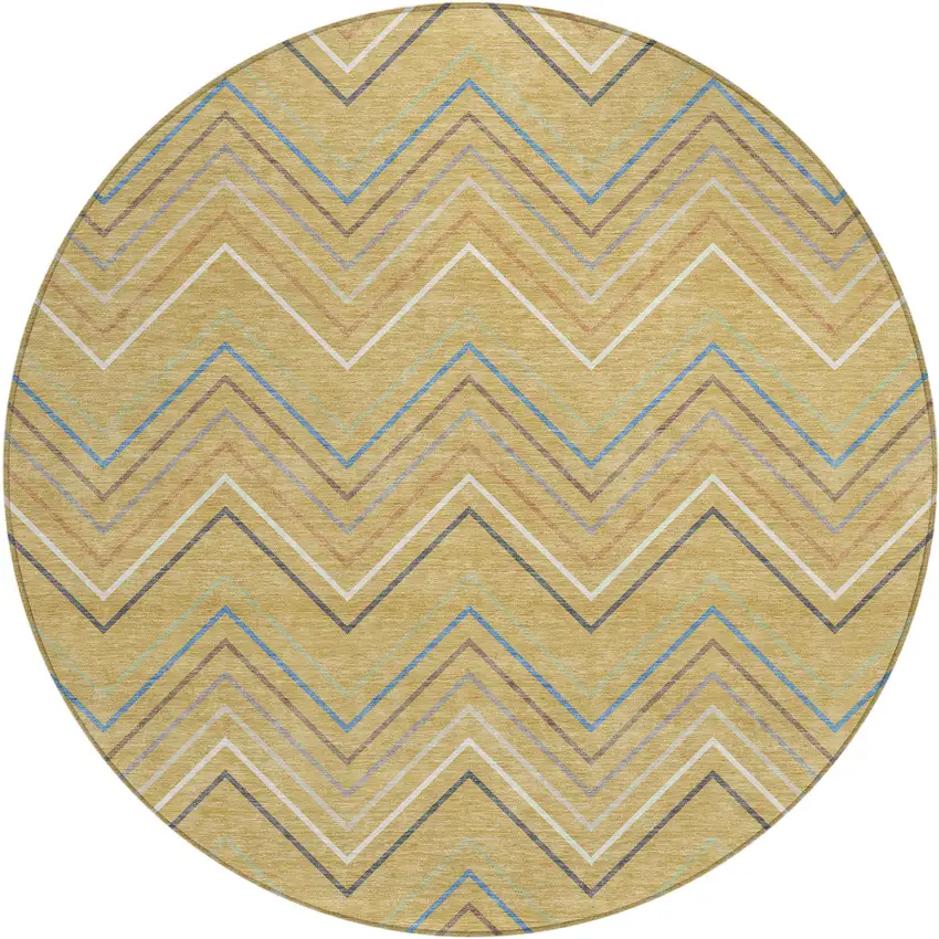 8' Gold Ivory And Blue Round Striped Washable Indoor Outdoor Area Rug Photo 1