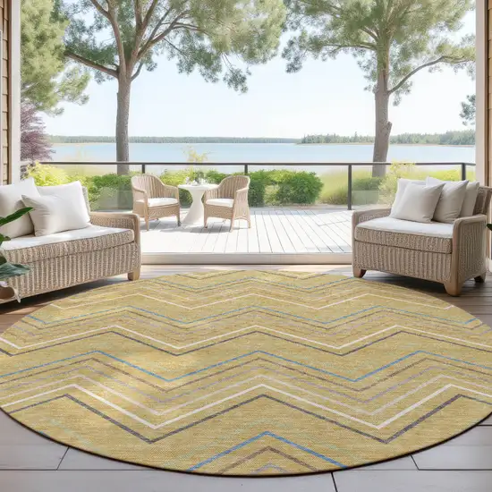 8' Gold Ivory And Blue Round Striped Washable Indoor Outdoor Area Rug Photo 3