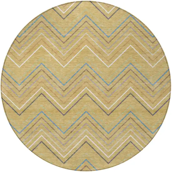 8' Gold Ivory And Blue Round Striped Washable Indoor Outdoor Area Rug Photo 2