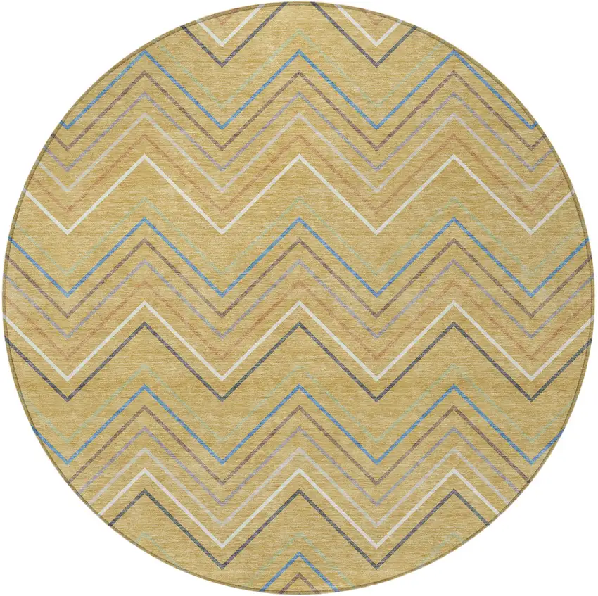 8' Gold Ivory And Blue Round Striped Washable Indoor Outdoor Area Rug Photo 2