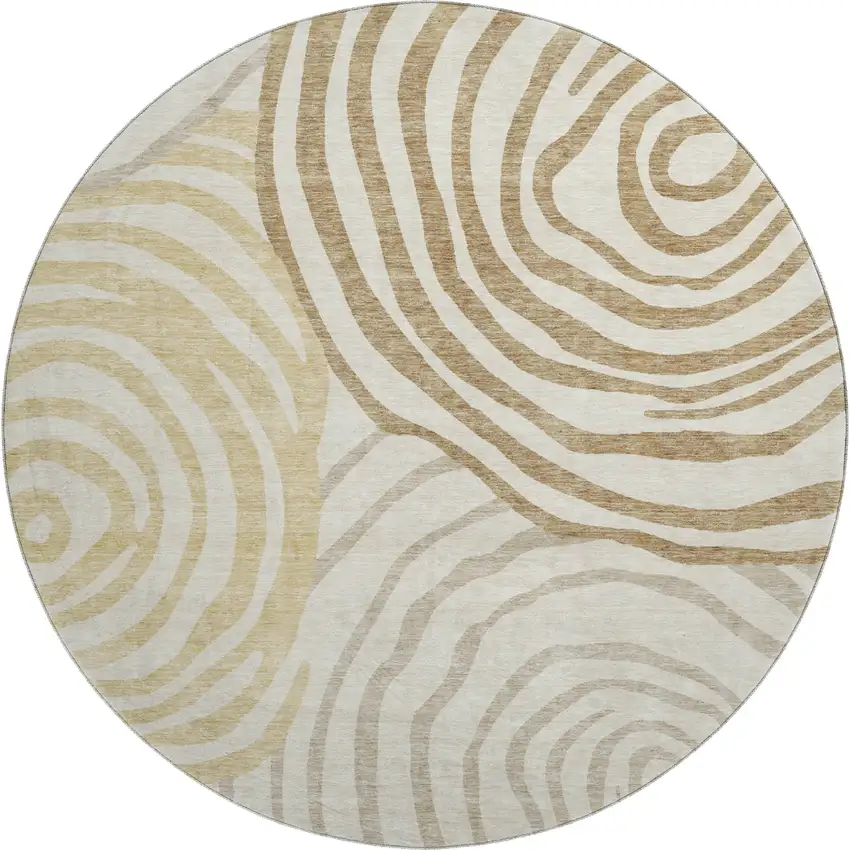 8' Gold Ivory And Brown Abstract Washable Round Rug With UV Protection Photo 1
