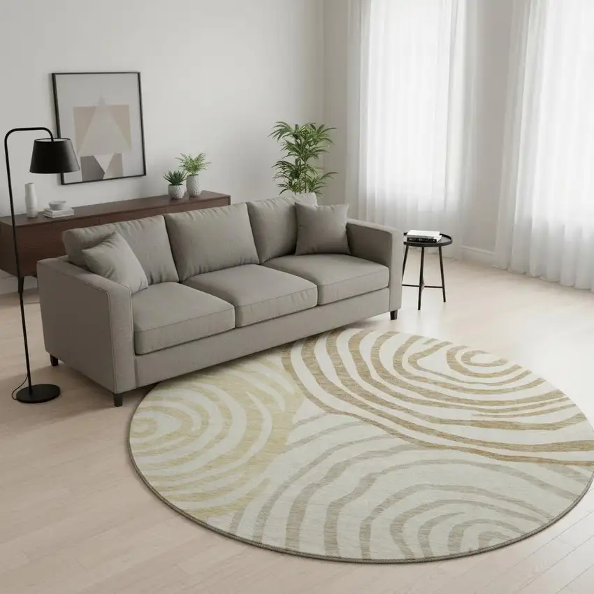 8' Gold Ivory And Brown Abstract Washable Round Rug With UV Protection Photo 2