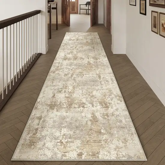 8' Gold Ivory And Brown Abstract Washable Runner Rug Photo 5