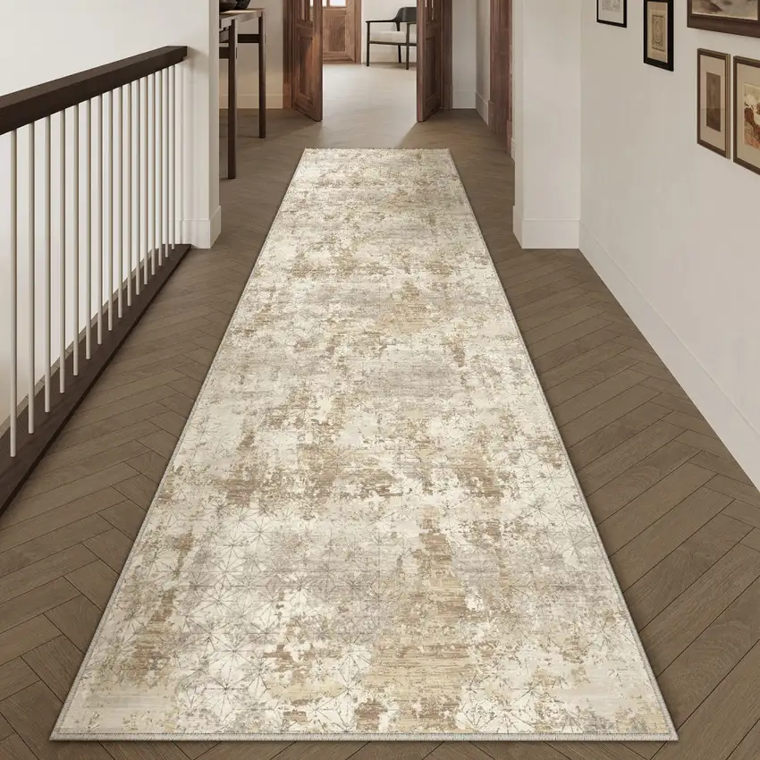 8' Gold Ivory And Brown Abstract Washable Runner Rug Photo 5