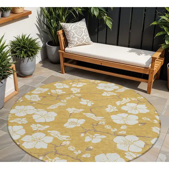8' Gold Ivory And Brown Round Floral Washable Indoor Outdoor Area Rug Photo 8