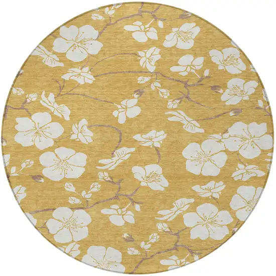 8' Gold Ivory And Brown Round Floral Washable Indoor Outdoor Area Rug Photo 4