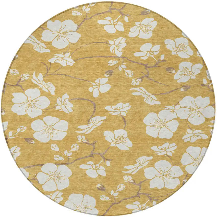8' Gold Ivory And Brown Round Floral Washable Indoor Outdoor Area Rug Photo 4