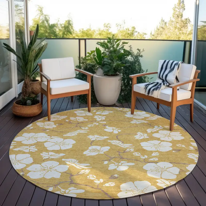 8' Gold Ivory And Brown Round Floral Washable Indoor Outdoor Area Rug Photo 5