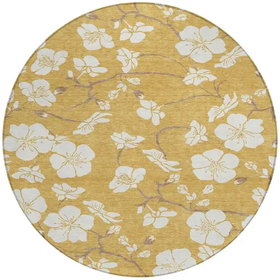 8' Gold Ivory And Brown Round Floral Washable Indoor Outdoor Area Rug Photo 3