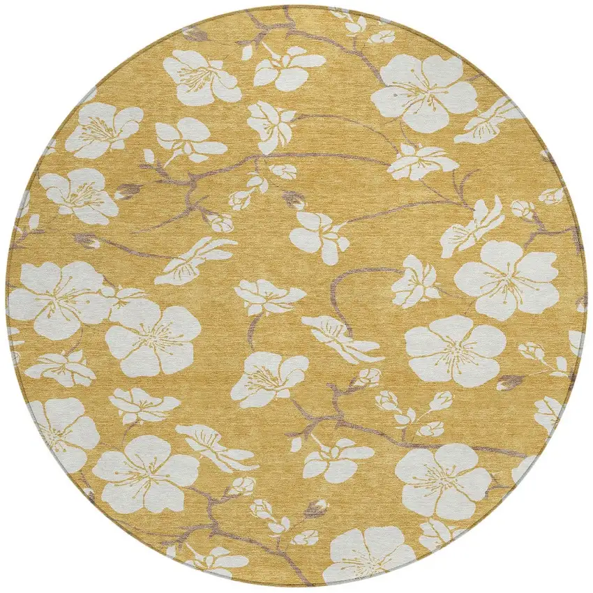 8' Gold Ivory And Brown Round Floral Washable Indoor Outdoor Area Rug Photo 3