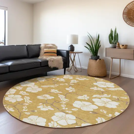 8' Gold Ivory And Brown Round Floral Washable Indoor Outdoor Area Rug Photo 6