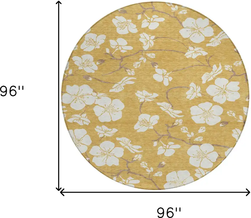 8' Gold Ivory And Brown Round Floral Washable Indoor Outdoor Area Rug Photo 7
